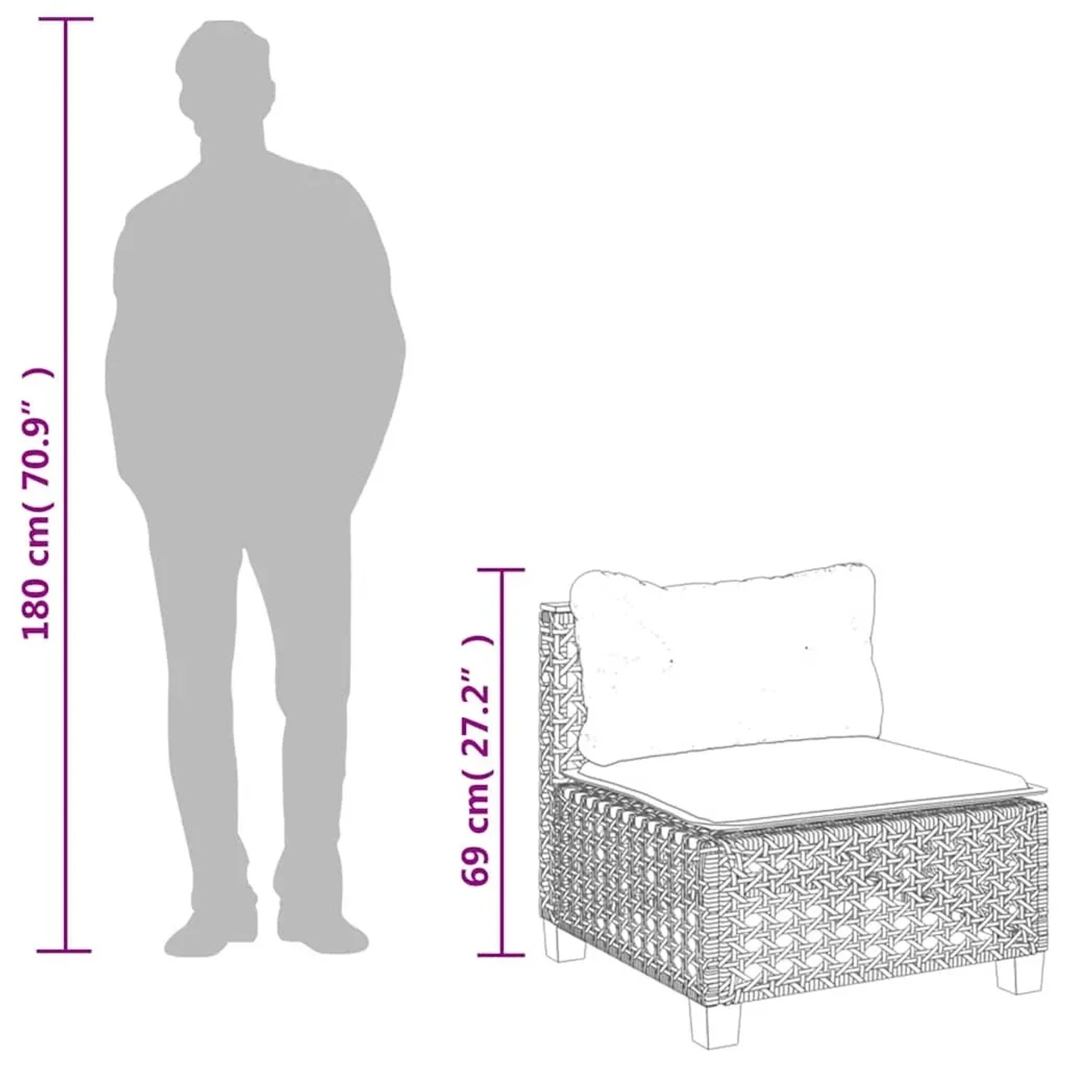 vidaXL Garten-Sofagarnitur, 9-teilig, beige Poly Rattan, mit Maßangaben zur Höhe.