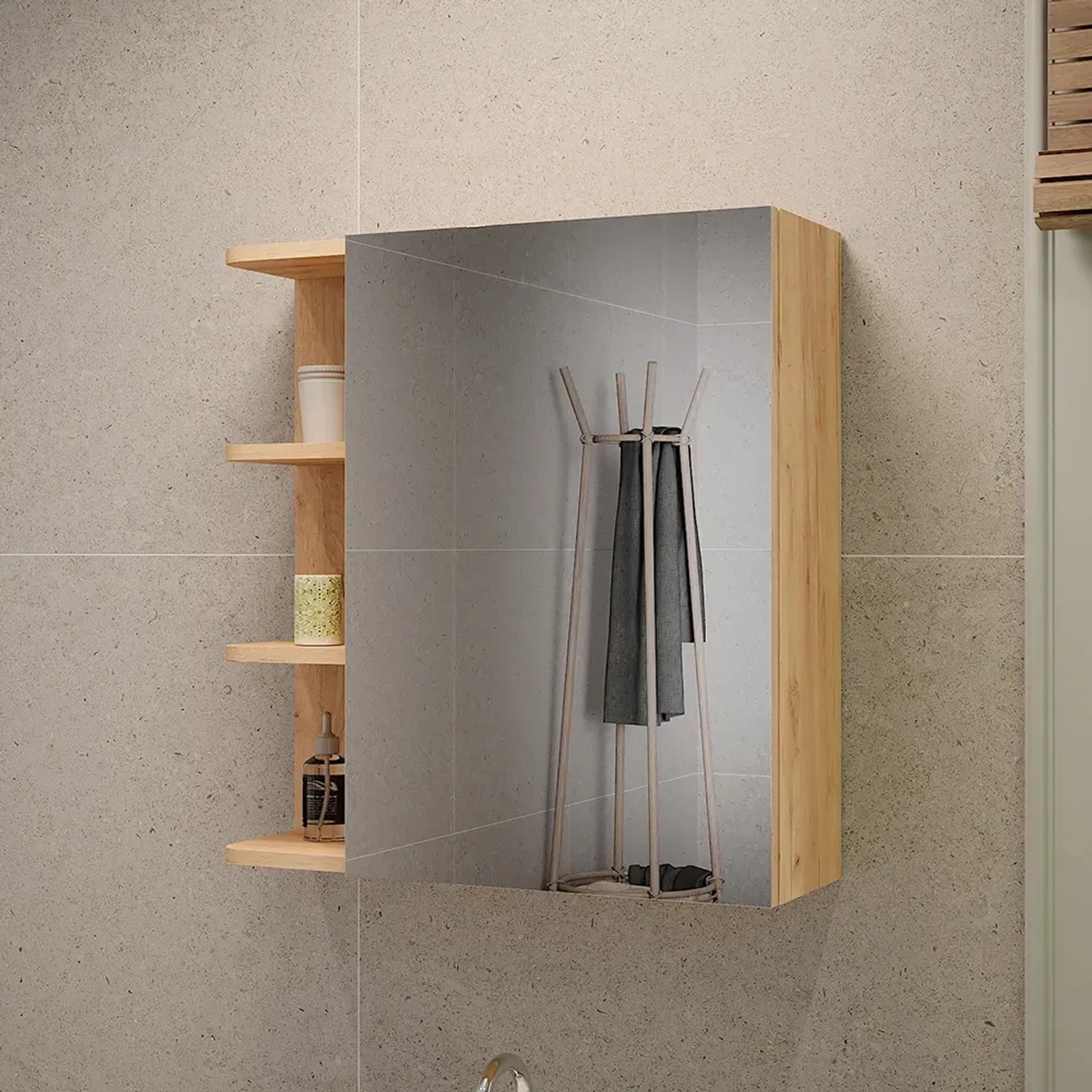 Vicco Spiegelschrank Fynn in Goldkraft Eiche (62x64 cm) mit offenen Regalen im Badezimmer.