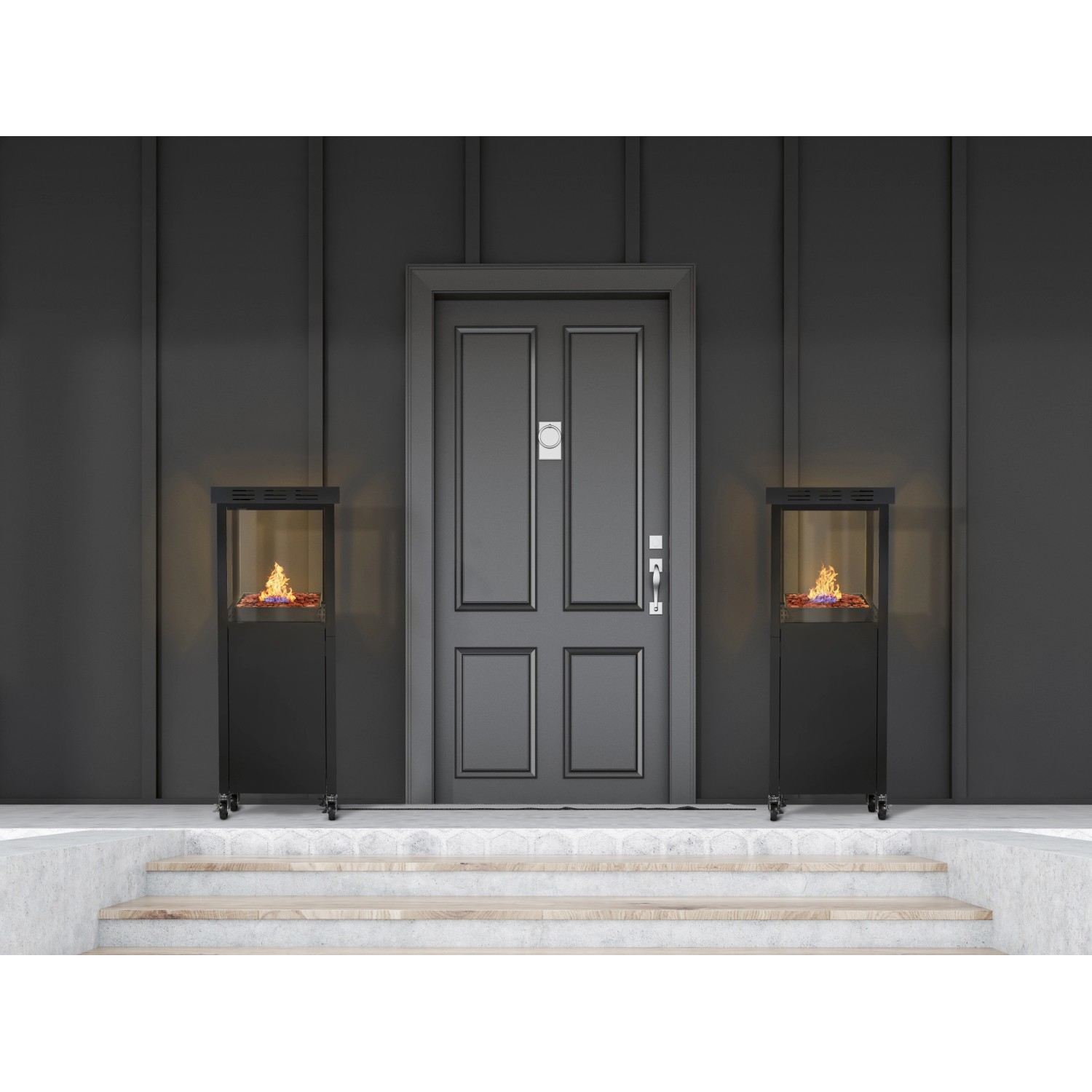 Gaskamin Ridera 6,5 kW mit Panoramaglas und Lava-Deko-Steinen vor Haustür.