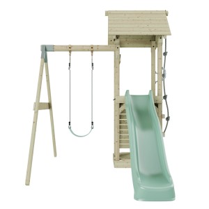 PolarPlay Kinderschaukel Göteborg mintgrün mit Rutsche und Spielturm aus Holz.