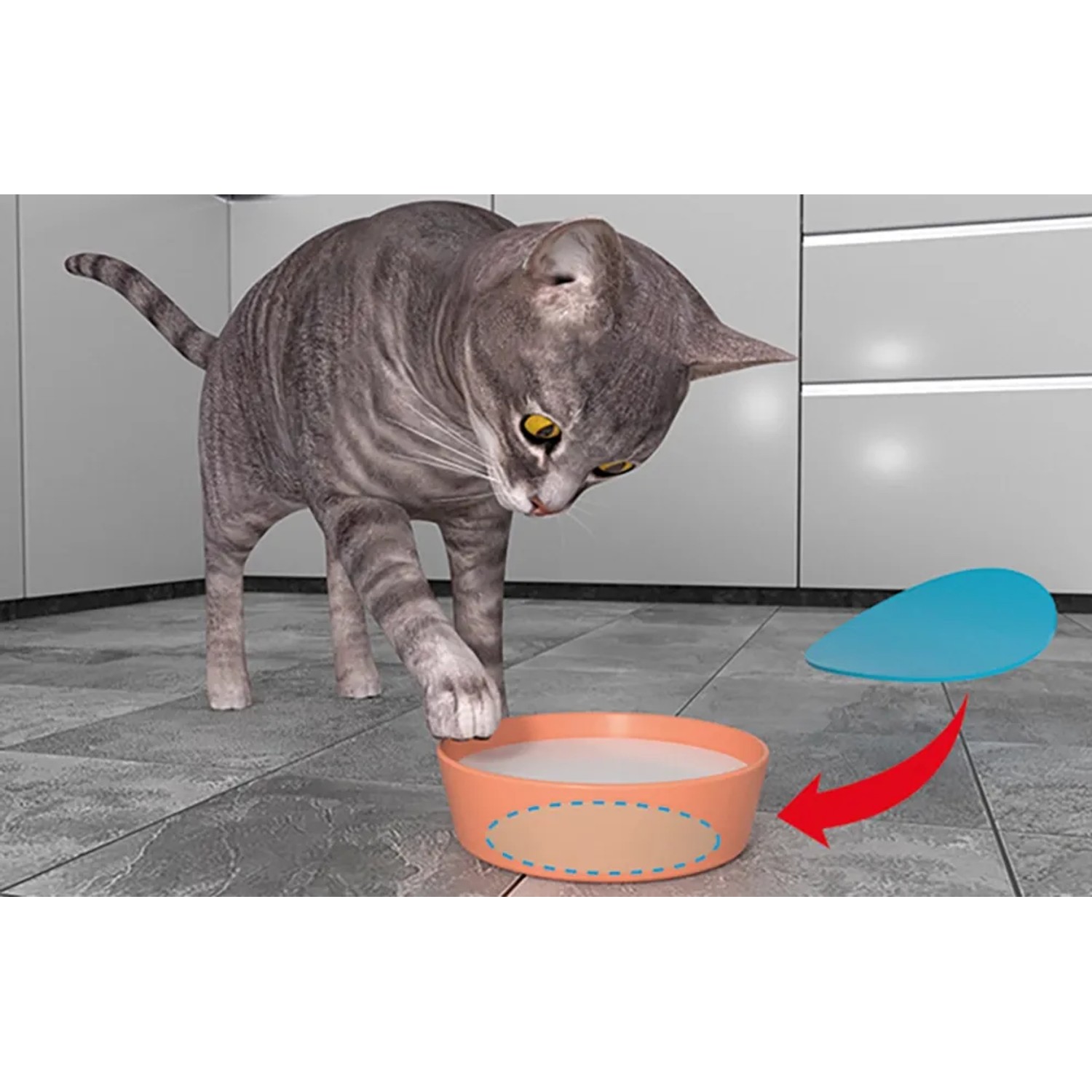 Katze mit fischer Vakuum Pad unter Futternapf, selbsthaftend und wiederlösbar.