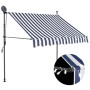 Einziehbare, blau-weiß gestreifte Markise mit LED und Handkurbel, 150 cm breit.