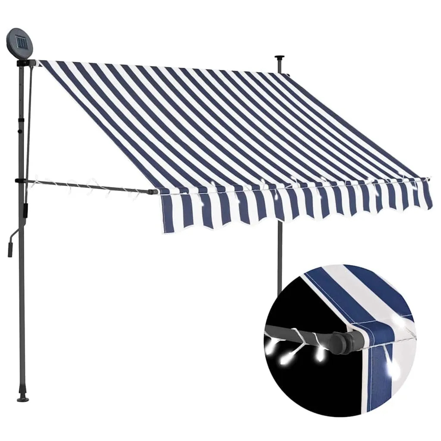 Einziehbare, blau-weiß gestreifte Markise mit LED und Handkurbel, 150 cm breit.