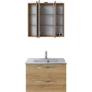 Pelipal Badmöbel-Set Trentino in Riviera Eiche mit Waschbecken, Unterschrank und Spiegelschrank.