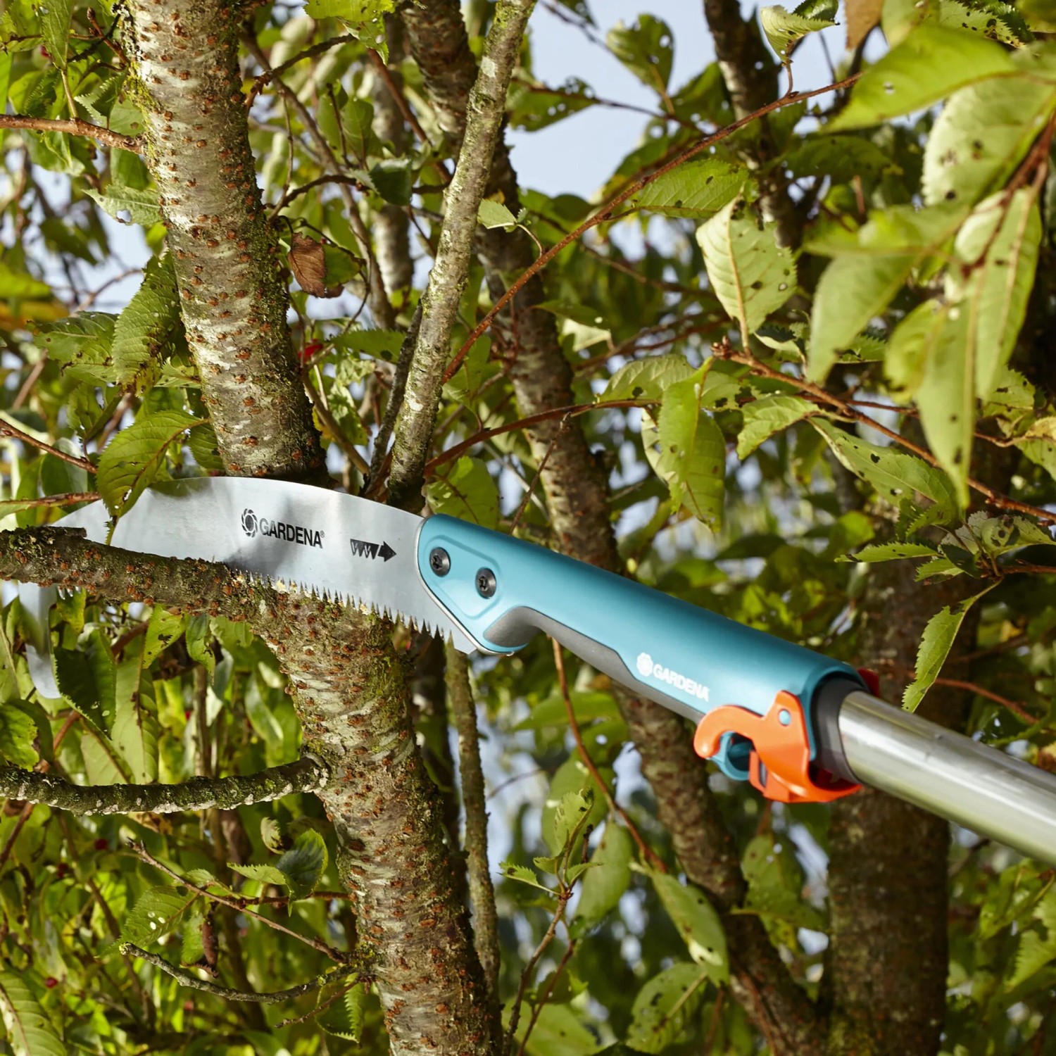 Gardena combisystem Gartensäge 300 P beim Sägen eines Astes.