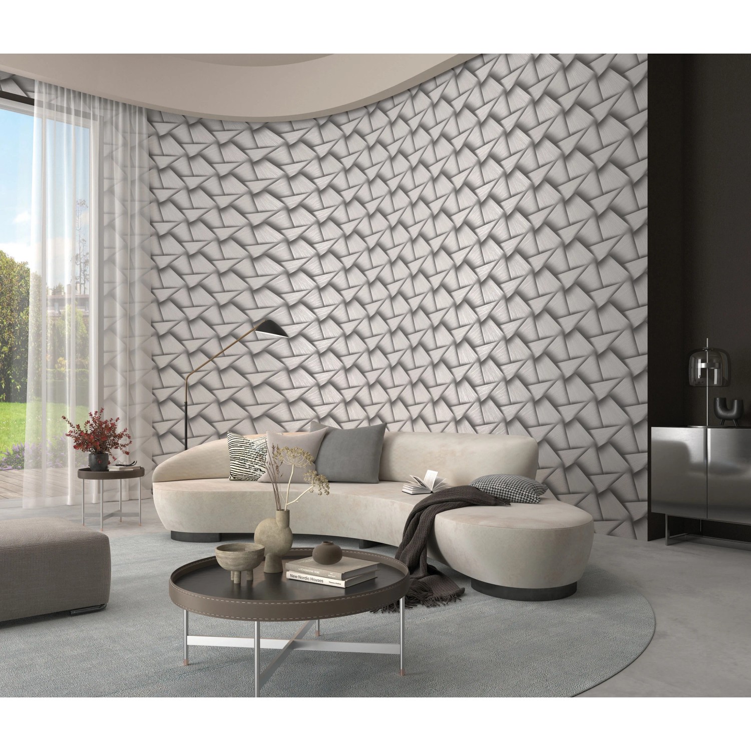 Wohnraum mit Erismann Vliestapete Spotlight Pose Anthrazit mit 3D-Flecht-Design.
