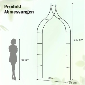 Abmessungen des schwarzen Costway Rosenbogens aus Metall für Kletterpflanzen: 125x39x287cm.
