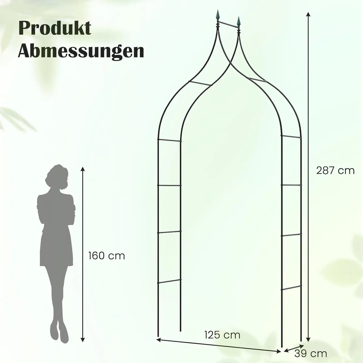 Abmessungen des schwarzen Costway Rosenbogens aus Metall für Kletterpflanzen: 125x39x287cm.