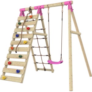 Rebo Klettergerüst Chamäleon mit Schaukel, Kletterwand und pinkfarbenen Akzenten.