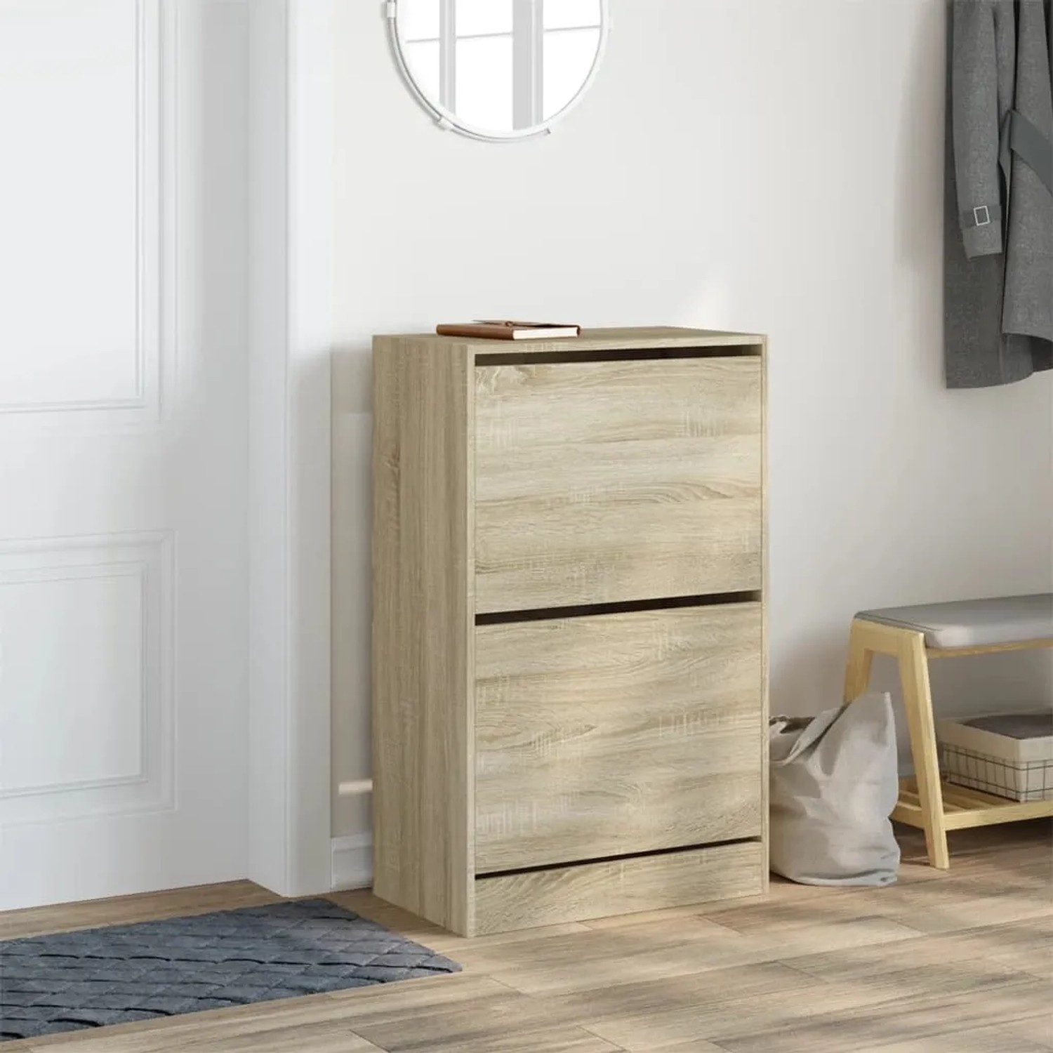 vidaXL Schuhschrank Sonoma-Eiche, Holzwerkstoff, mit zwei Klappen. Praktischer Schuhkipper für den Flur.