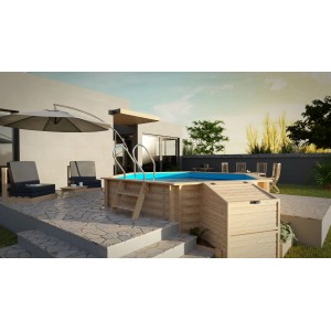 Gre Technikraum aus Echtholz für Pools ab 143 cm, integriert in Gartenlandschaft.