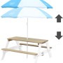 Axi Nick Picknicktisch mit blau-weißem Sonnenschirm, ideal für Kinder zum Spielen und Essen im Garten.