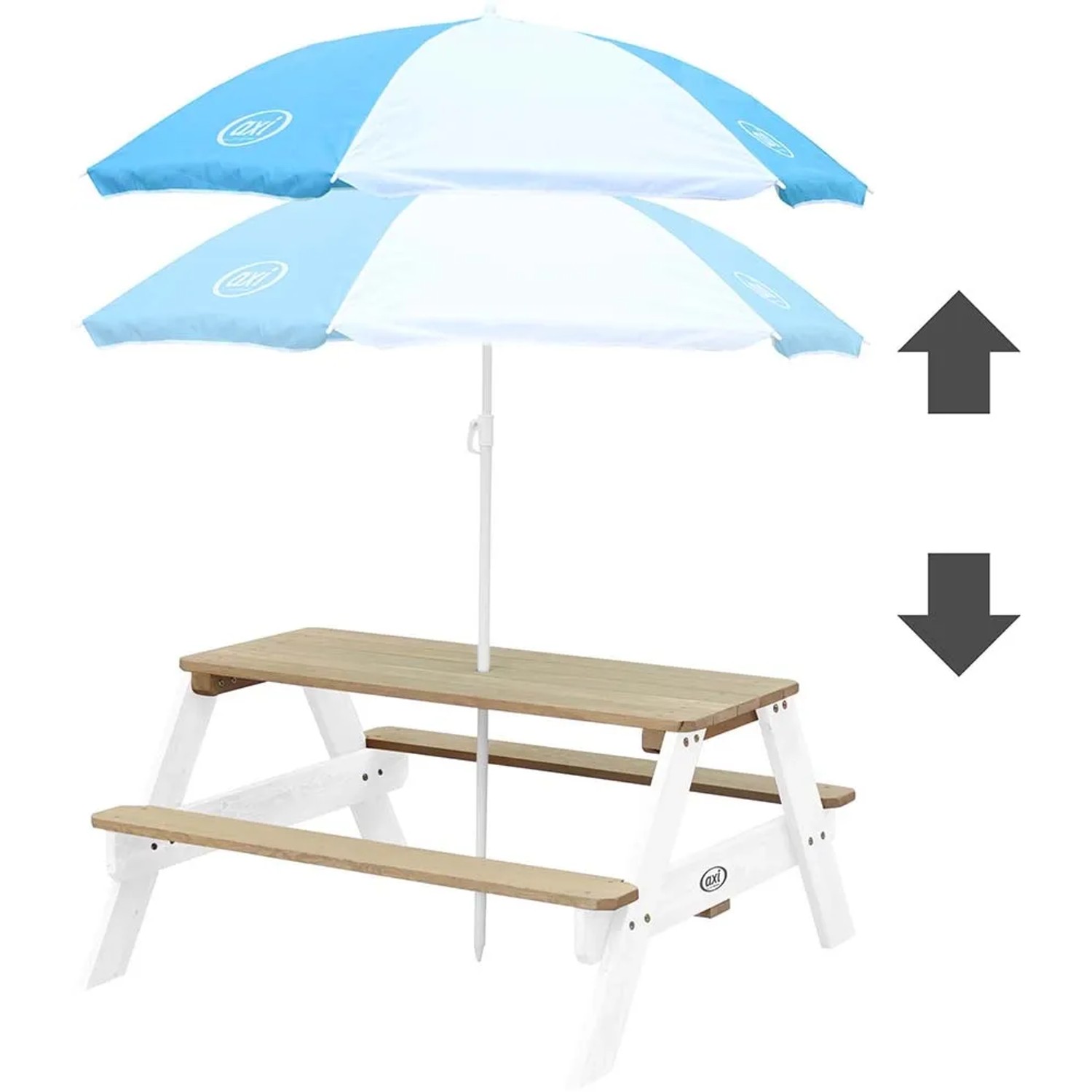 Axi Nick Picknicktisch mit blau-weißem Sonnenschirm, ideal für Kinder zum Spielen und Essen im Garten.