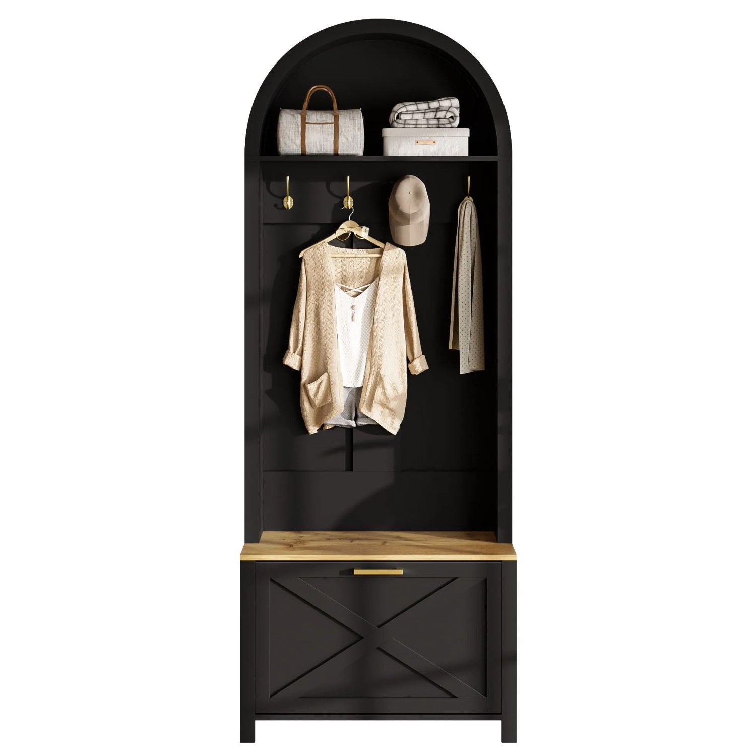 Schwarzes Garderoben Set mit geschwungenem Design, Holzelement, Haken und Schuhregal für den Eingang.