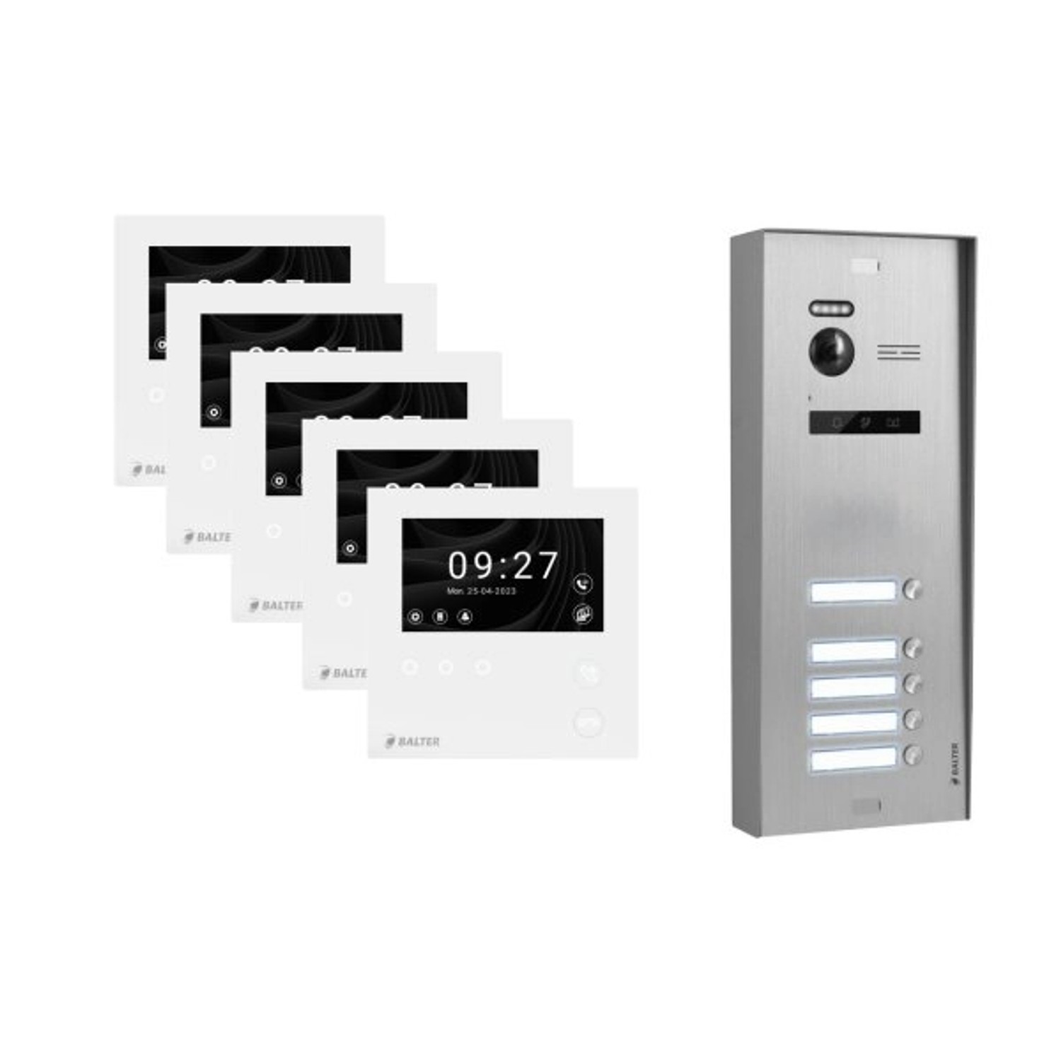 Balter Evo-HD-Mini Aufputz Video Türsprechanlage 2-Draht Bus für 5-Familienhaus mit 4,3 Zoll Monitor Silber