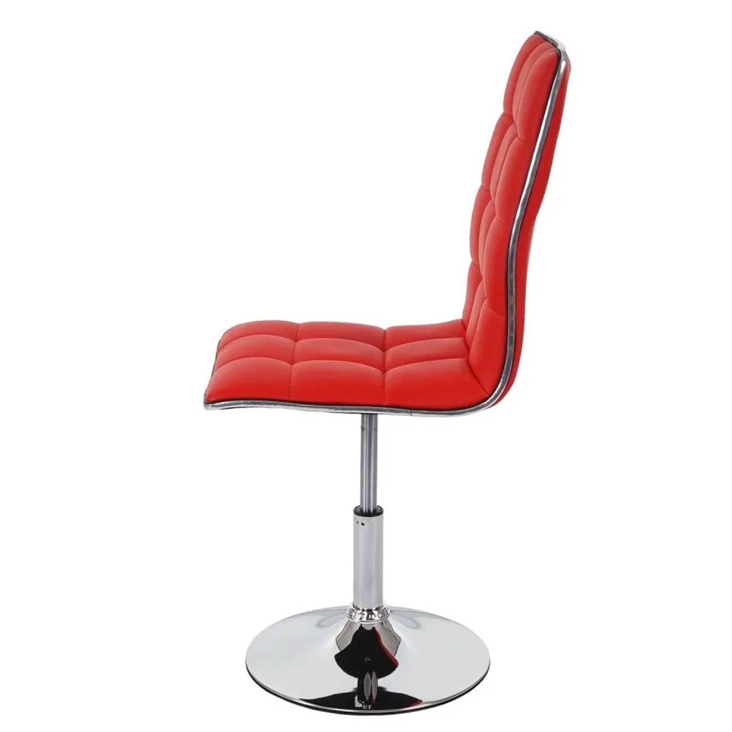 Roter MCW Esszimmerstuhl C41 aus Kunstleder, seitlich, mit gesteppter Rückenlehne, Chromfuß und Zierleiste. Höhenverstellbar, drehbar.