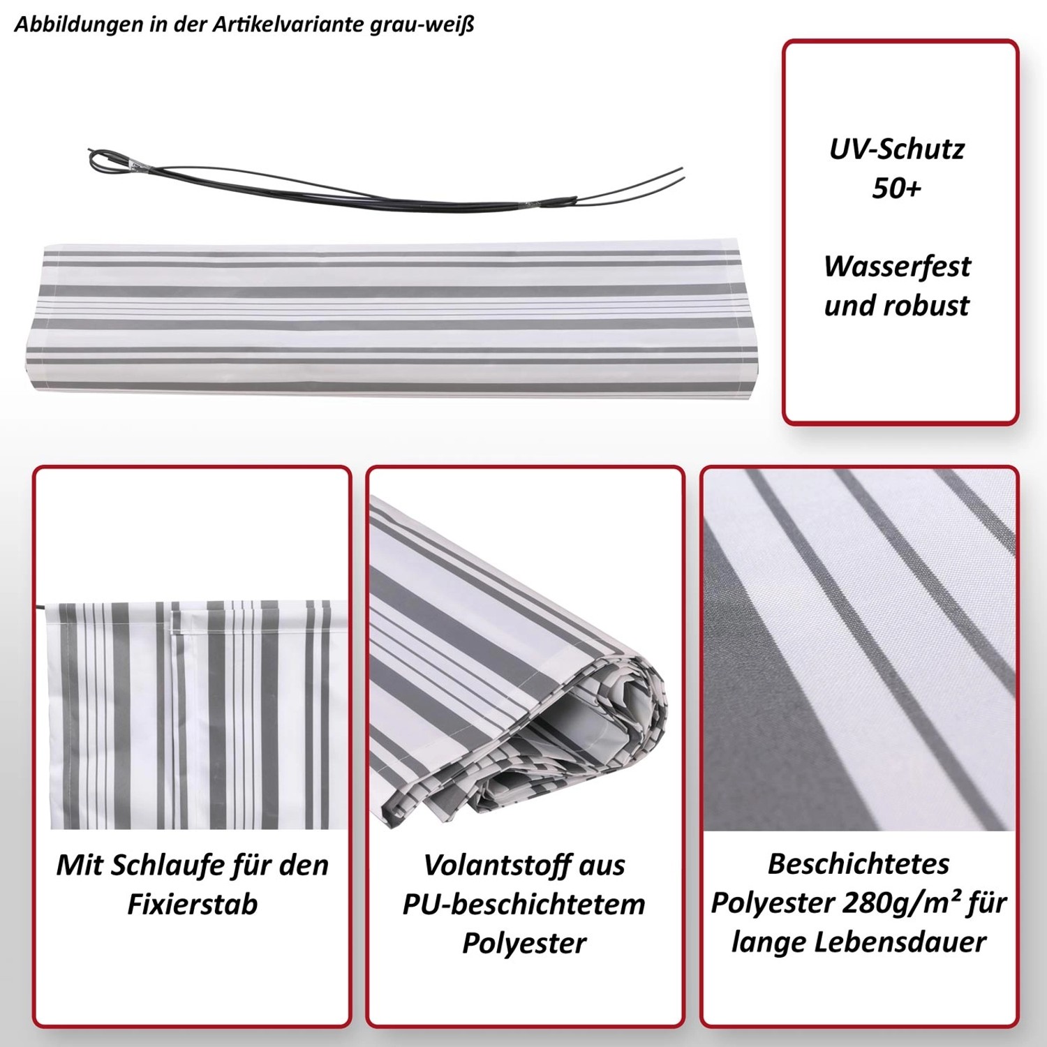 Grau-weißer Volant für MCW Vollkassetten-Markise T124 mit UV-Schutz und Fixierstab.