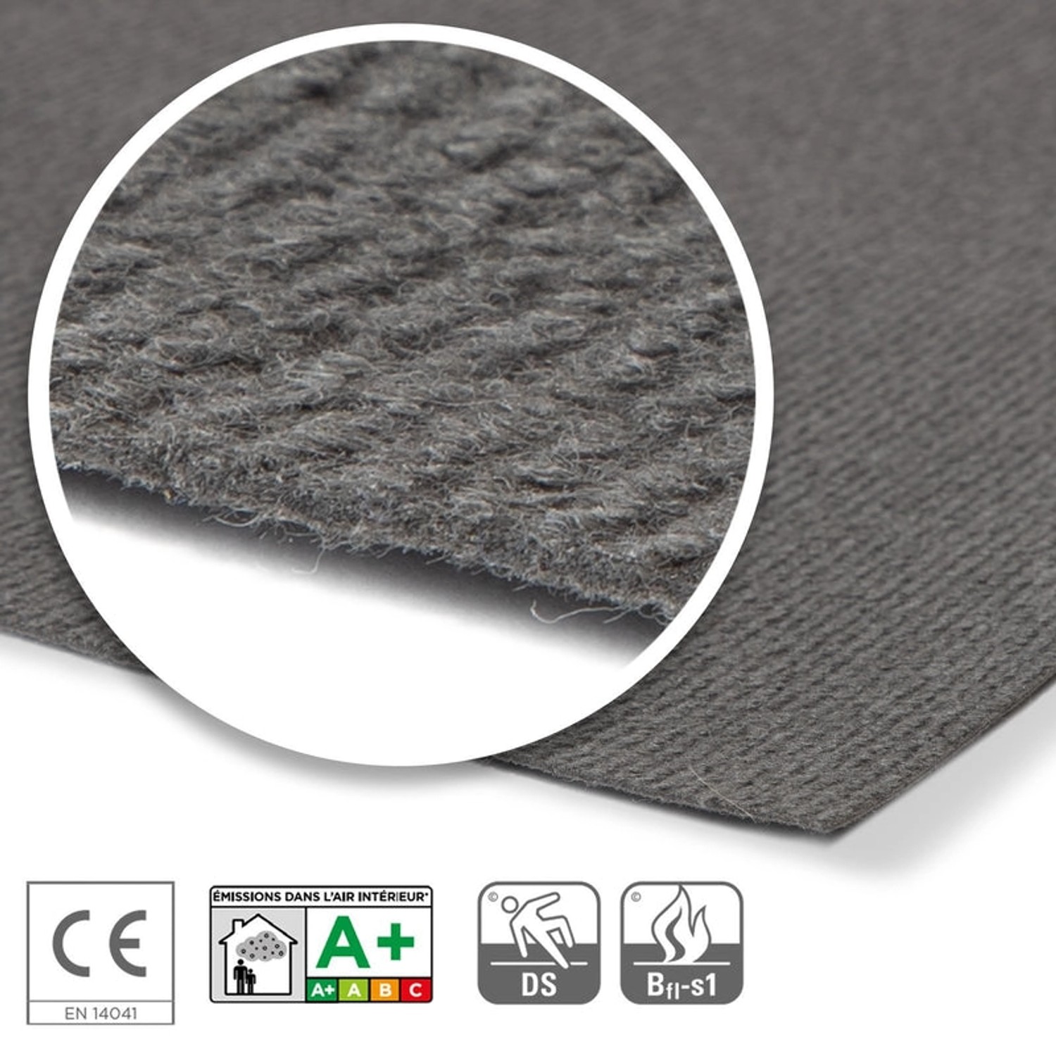 Grauer KARAT Messeteppich Sintra mit Rippenstruktur und Detailansicht der Oberfläche.