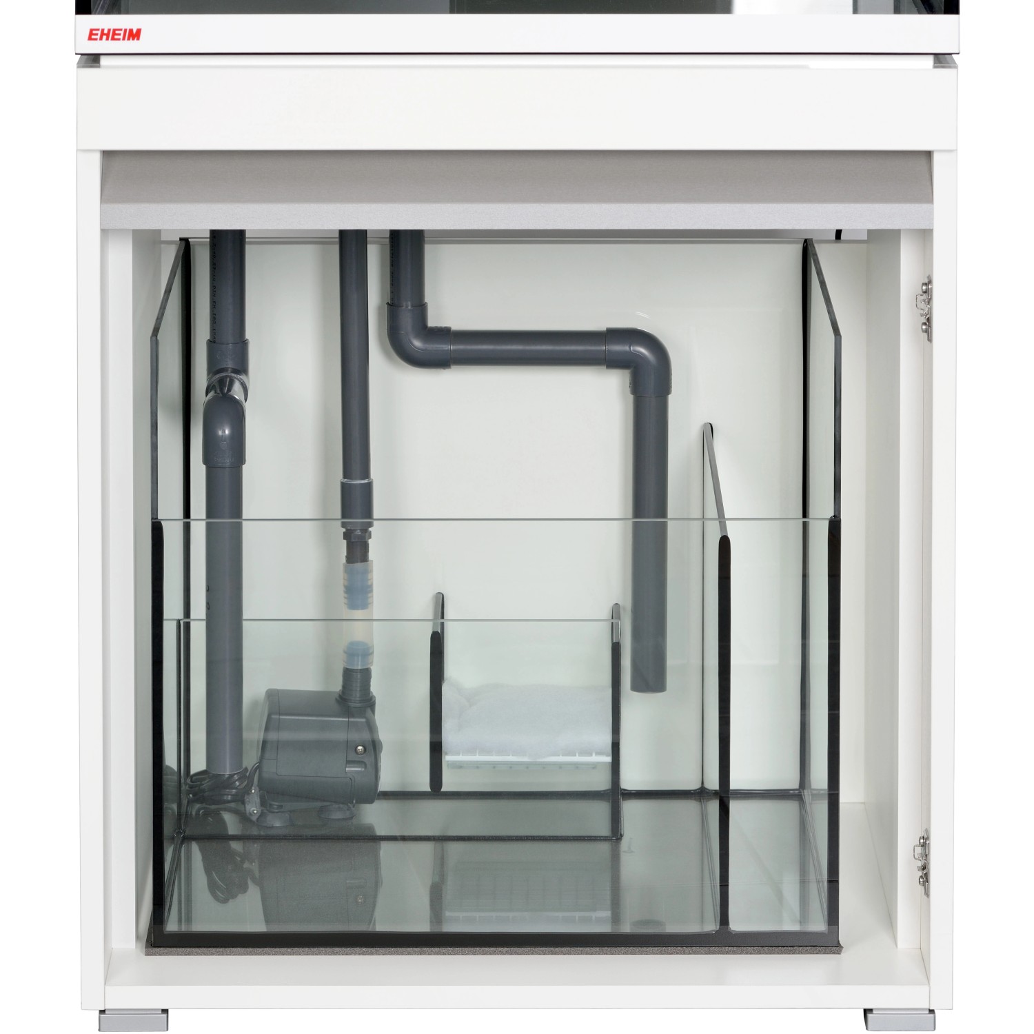 Innenansicht Eheim Incpiria Marine 230 Aquarium-Kombination mit Technikbecken und Pumpe.