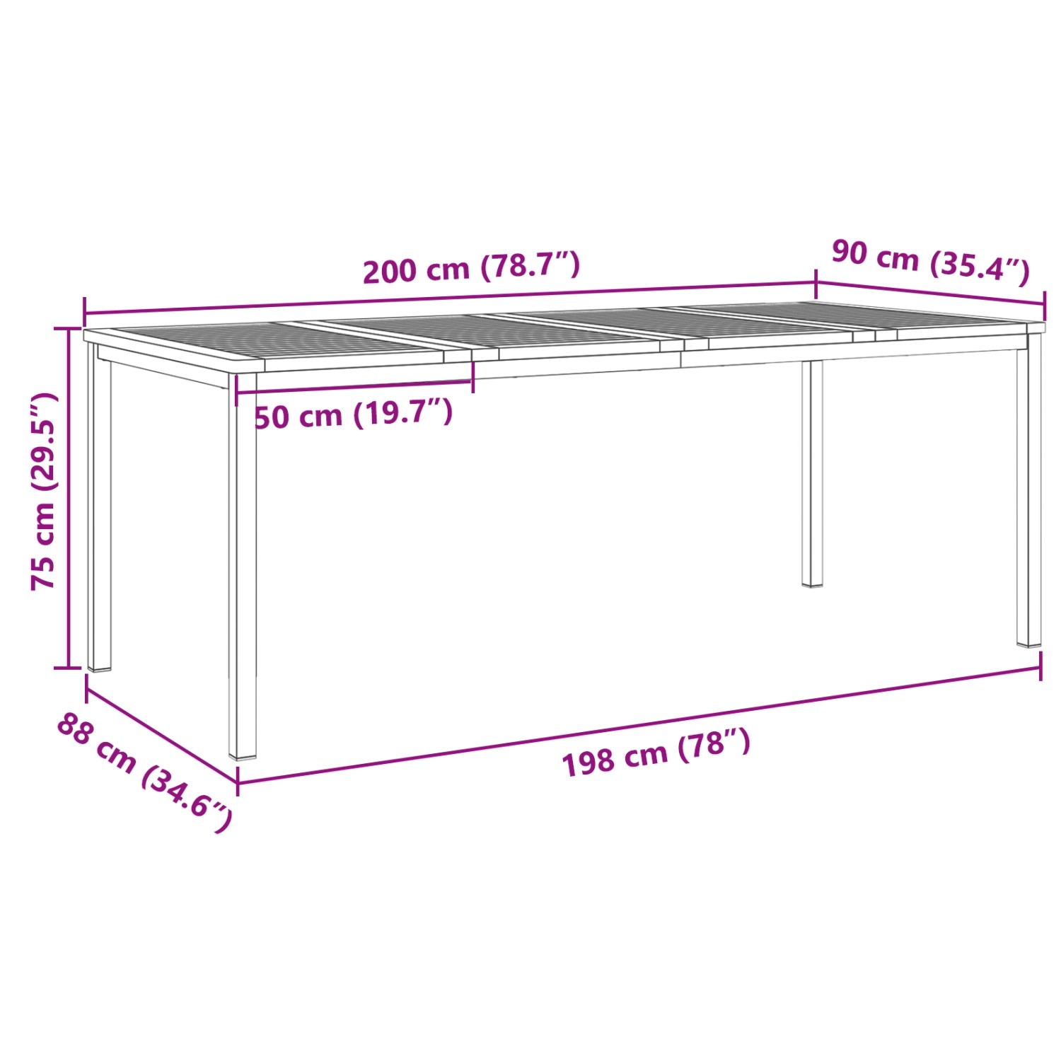 vidaXL 7-teilige Garten Essgruppe aus Teakholz mit Maßangaben.