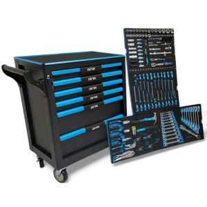 DeTec. Werkstattwagen, bestückt mit Werkzeug in 4 von 6 Schubladen. Abschließbarer Werkzeugschrank.