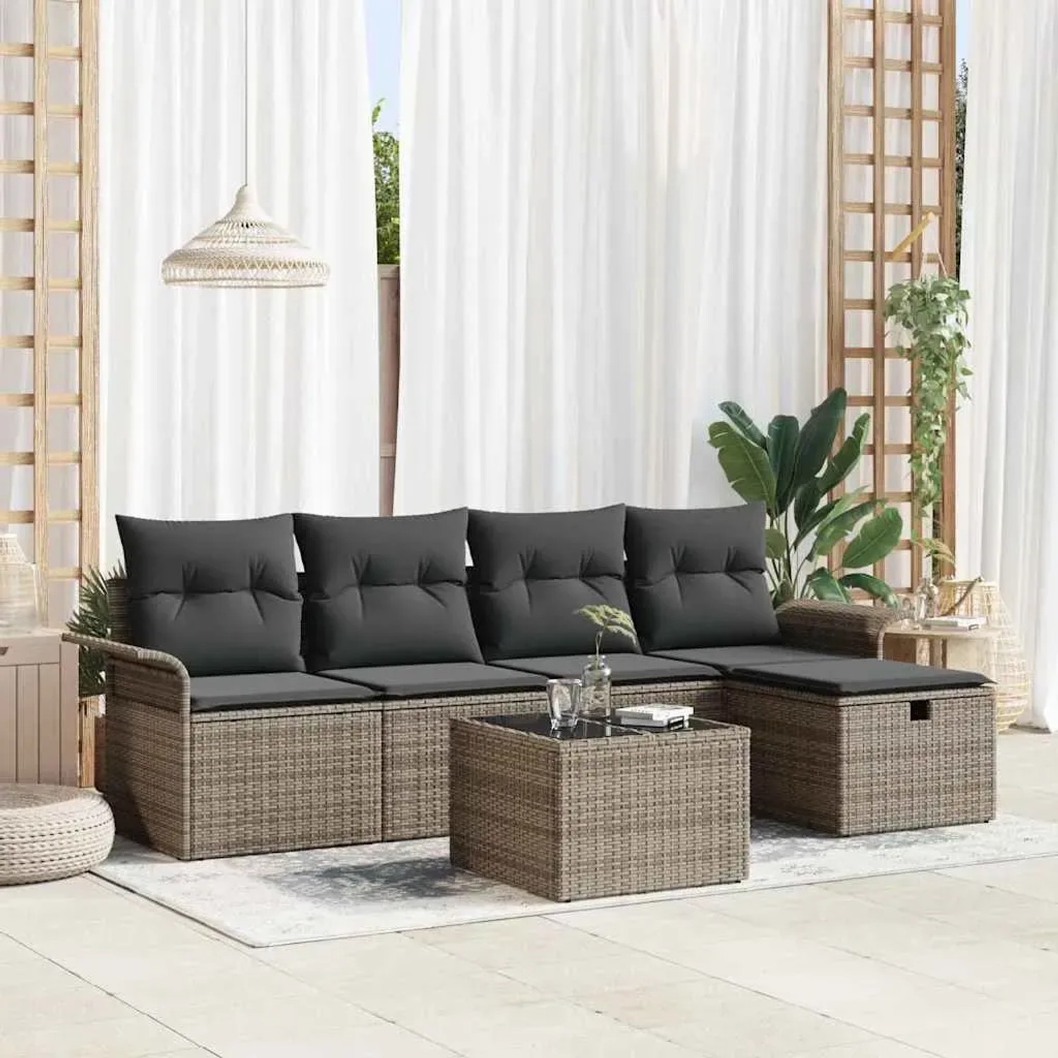 Graues 6-tlg. vidaXL Garten-Sofa-Set aus Poly Rattan mit Kissen und Stauraum.