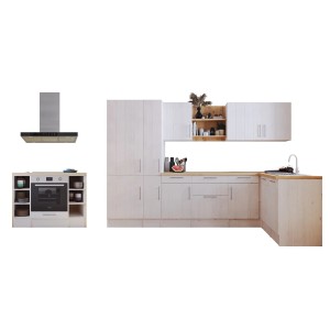 Respekta Landhaus Winkelküche Anton in Lärche Weiß mit Insel, E-Geräten und Spüle.