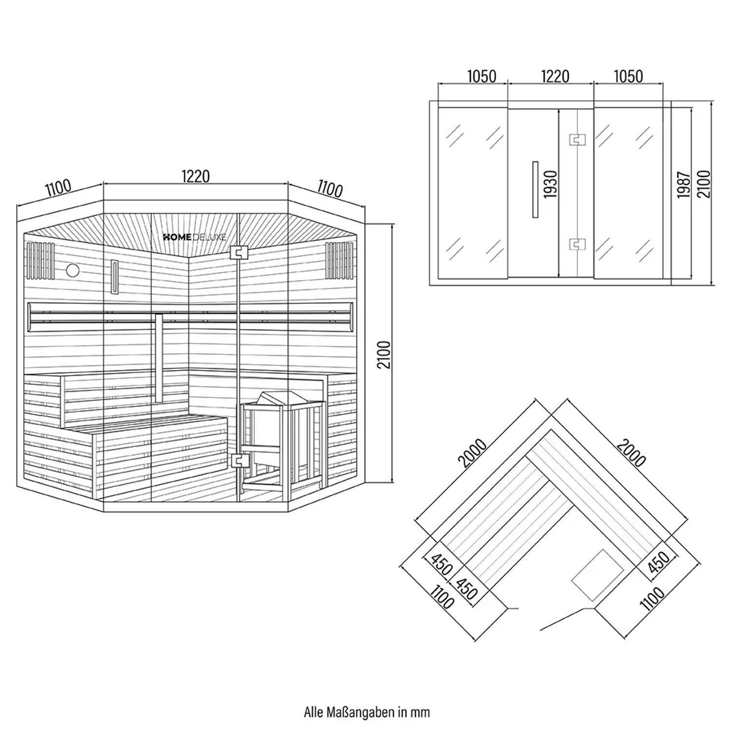 Skizze der traditionellen Sauna SKYLINE BIG aus Tannenholz mit Maßen.