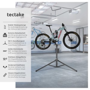 Tectake Fahrradmontageständer Tristan mit Fahrrad, höhenverstellbar und drehbar.