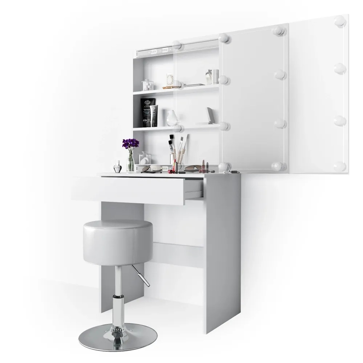 Weißer Vicco Schminktisch Melle (68 cm) mit LED, Hocker und Spiegel. Ideal für Make-up und Styling.