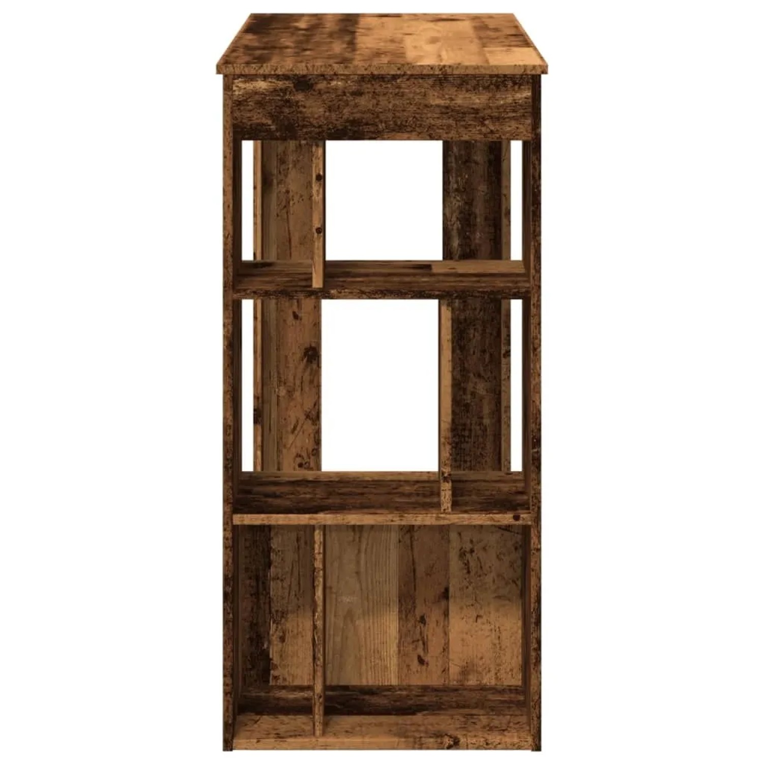 Bartisch mit Regal in Altholz-Optik aus Holzwerkstoff. Hoher Stehtisch mit 6 Fächern für Flaschen und Utensilien.