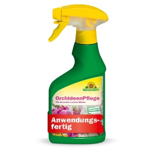 Neudorff Orchideenpflege 250ml im grünen Sprühflasche mit gelbem Sprühkopf.