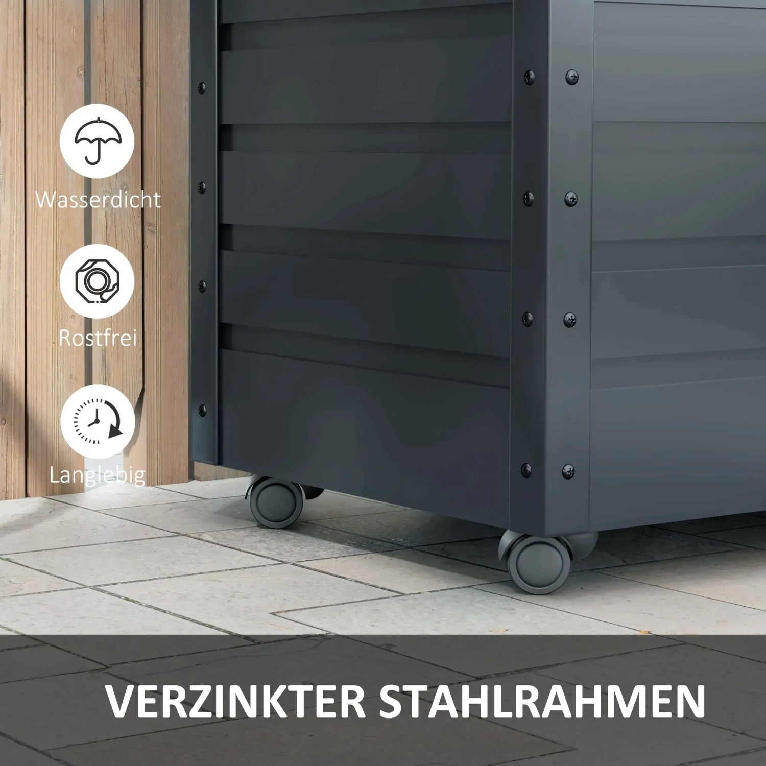 Detailansicht: Dunkelgraue Outsunny Gartenbox mit Rollen und verzinktem Stahlrahmen.