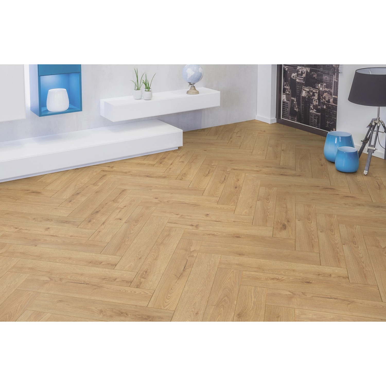Kaindl Laminat Masterfloor Herringbone Eiche Eddinburgh im Fischgrätmuster verlegt.