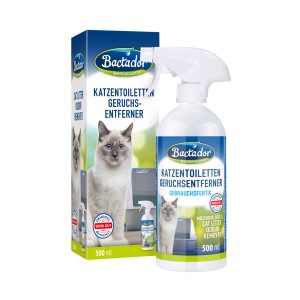 Bactador Katzentoiletten Geruchsentferner, 500 ml Flasche und Karton.