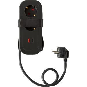 Schwarze Tischsteckdose mit 2 Schuko-Steckdosen, USB-C und USB-A Anschluss, 3500W, mit Kabelaufwicklung.