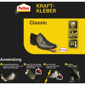 Tube Pattex Kraftkleber Classic 125g mit Anwendungsbeispiel Schuh. Universeller, starker Kleber.