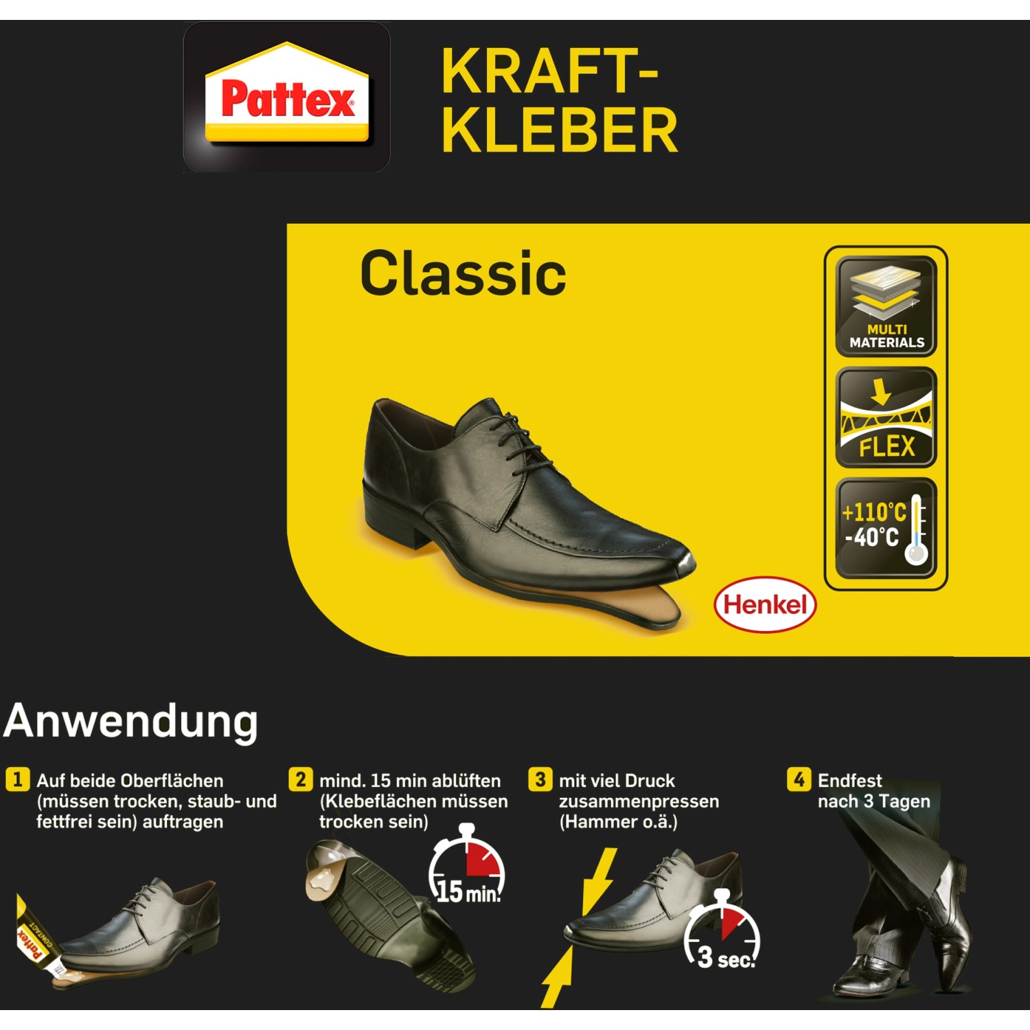 Tube Pattex Kraftkleber Classic 125g mit Anwendungsbeispiel Schuh. Universeller, starker Kleber.