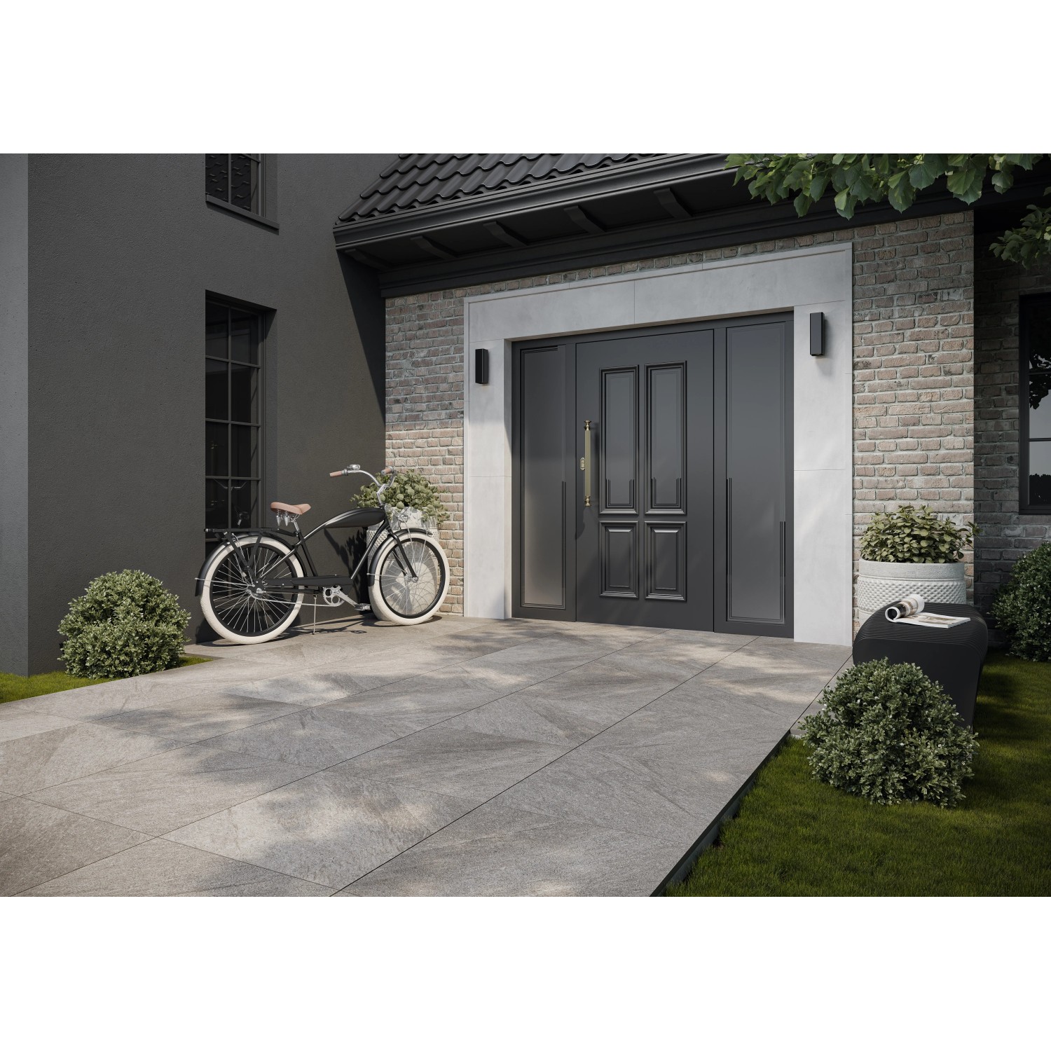 Cersanit Bolt Terrassenplatten aus Feinsteinzeug, grau, 59,3x59,3 cm, verlegt im Außenbereich vor einem Haus.
