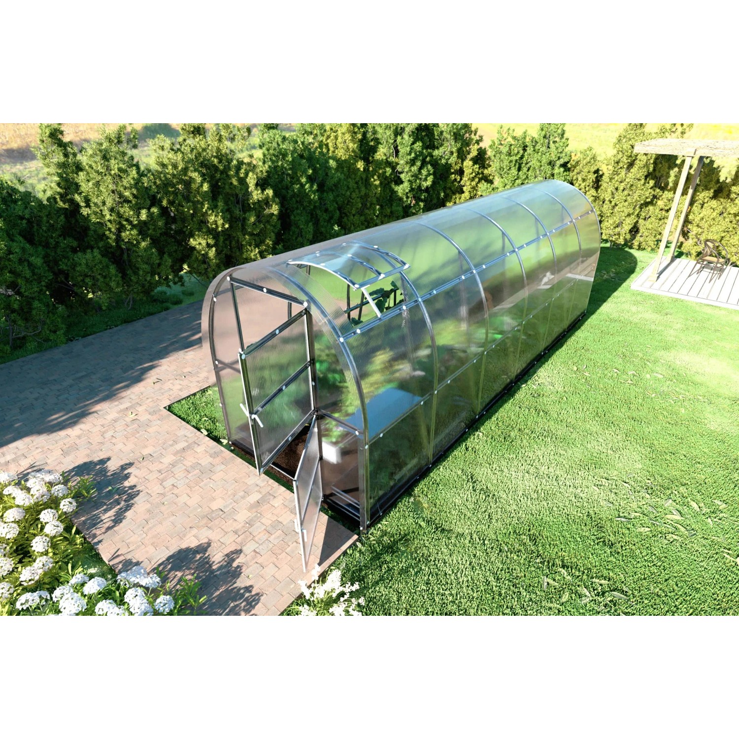 Klasika Slim Gewächshaus 12m² mit Polycarbonat, Tür geöffnet.