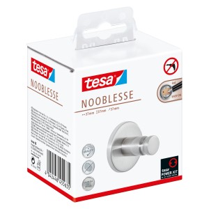 Tesa Nooblesse Handtuchhaken in Edelstahloptik, verpackt. Bad-Accessoire zur Wandmontage ohne Bohren.