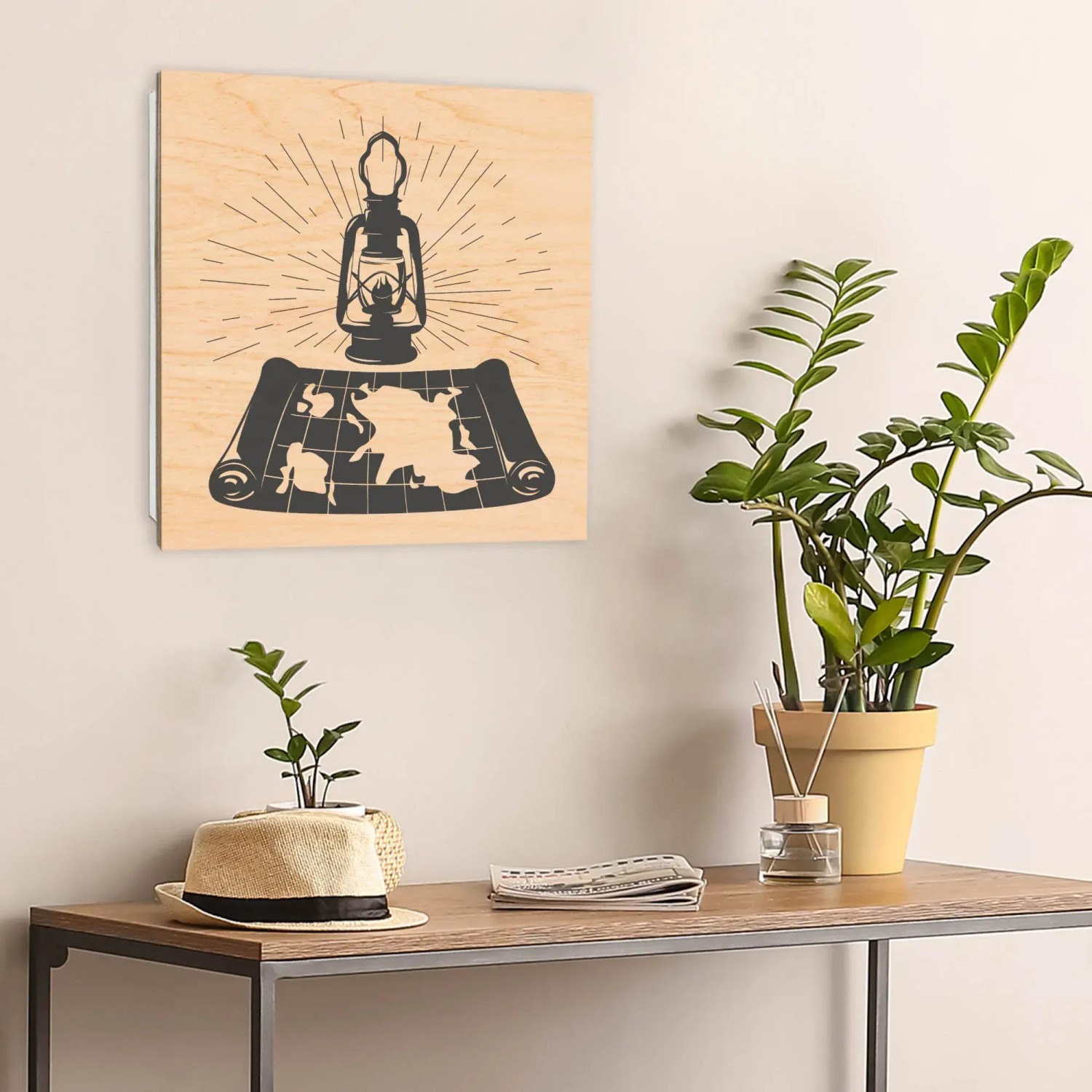 Banjado Schlüsselbox mit Entdecker-Laterne Motiv. Schlüsselkasten aus Holz, 30x30cm, mit 50 Haken.