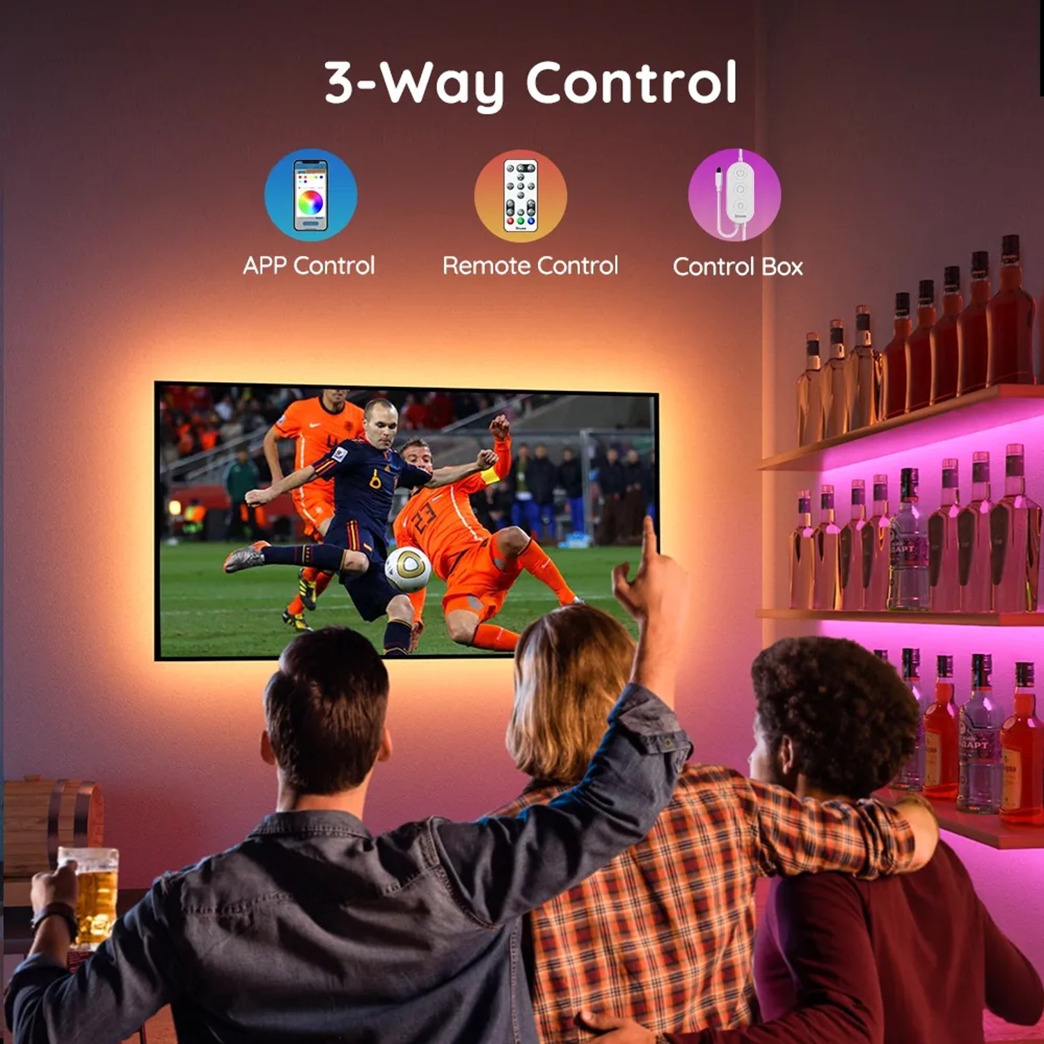 Govee TV LED Hintergrundbeleuchtung H6179: Fernseher mit LED-Streifen beim Fußball schauen.