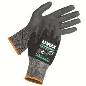 Uvex Phynomic XG Arbeitshandschuhe Gr. 8, schwarz-grau, mit Xtra-Grip für ölige Bereiche und Touchscreen-Eignung.