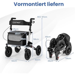 Costway Rollator mit Luftbereifung Faltbar 7-Fach Höhenverstellbar Silber
