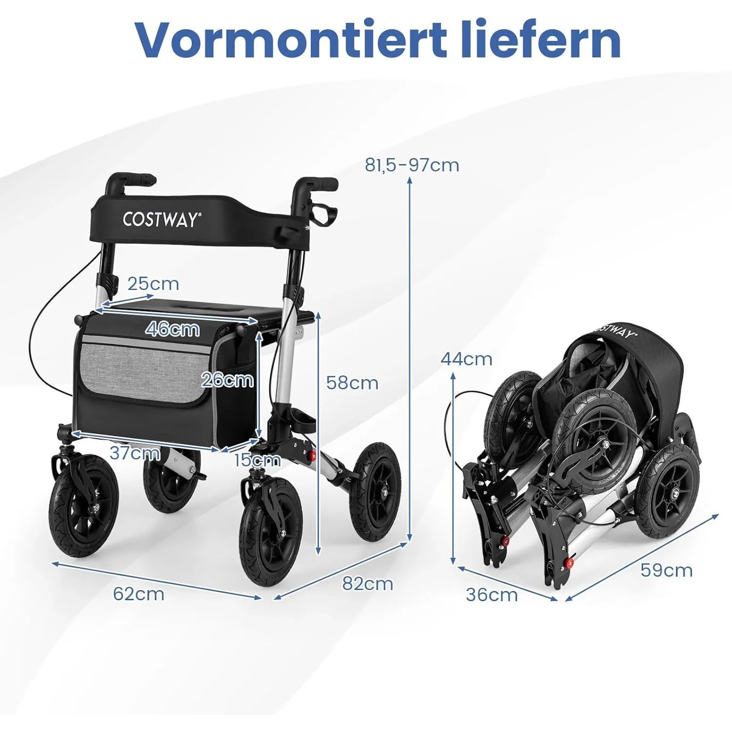 Costway Rollator mit Luftbereifung Faltbar 7-Fach Höhenverstellbar Silber_2