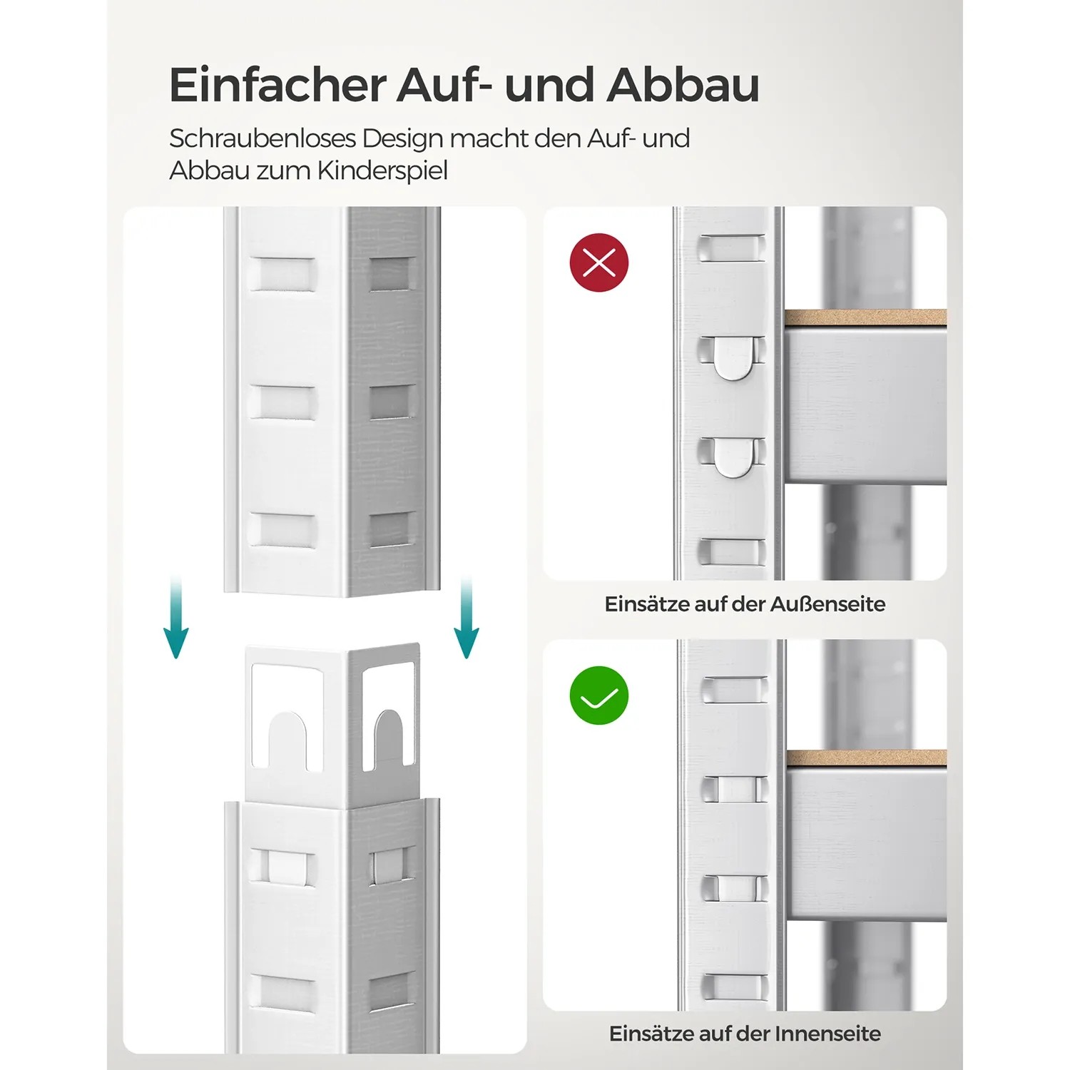 Detailaufnahme: Stecksystem des silbernen Songmics Schwerlastregals für einfachen Aufbau.