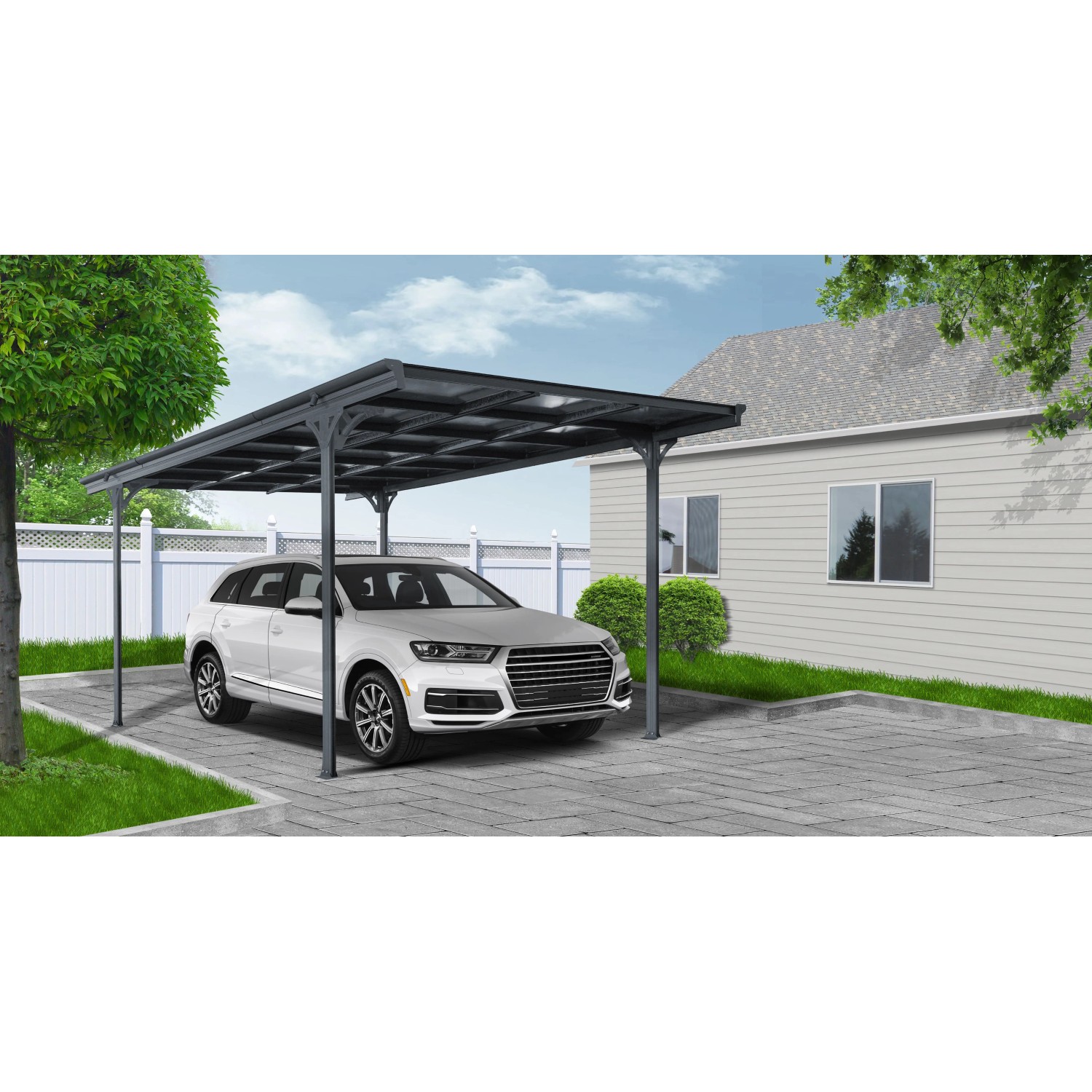 Ximax Einzelcarport ECO: PKW unter Carport mit Polycarbonat-Dach und vier Stützen.