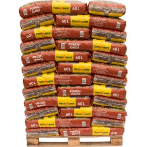 Palette Floragard Pinienrinde Fein, 39 Säcke à 60L, zur Bodenabdeckung und Dekoration im Garten.