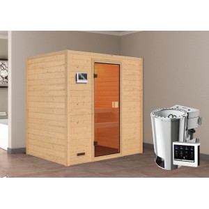 Karibu Sauna Selena mit Bio-Ofen und externer Steuerung, aus hellem Holz mit Glastür.
